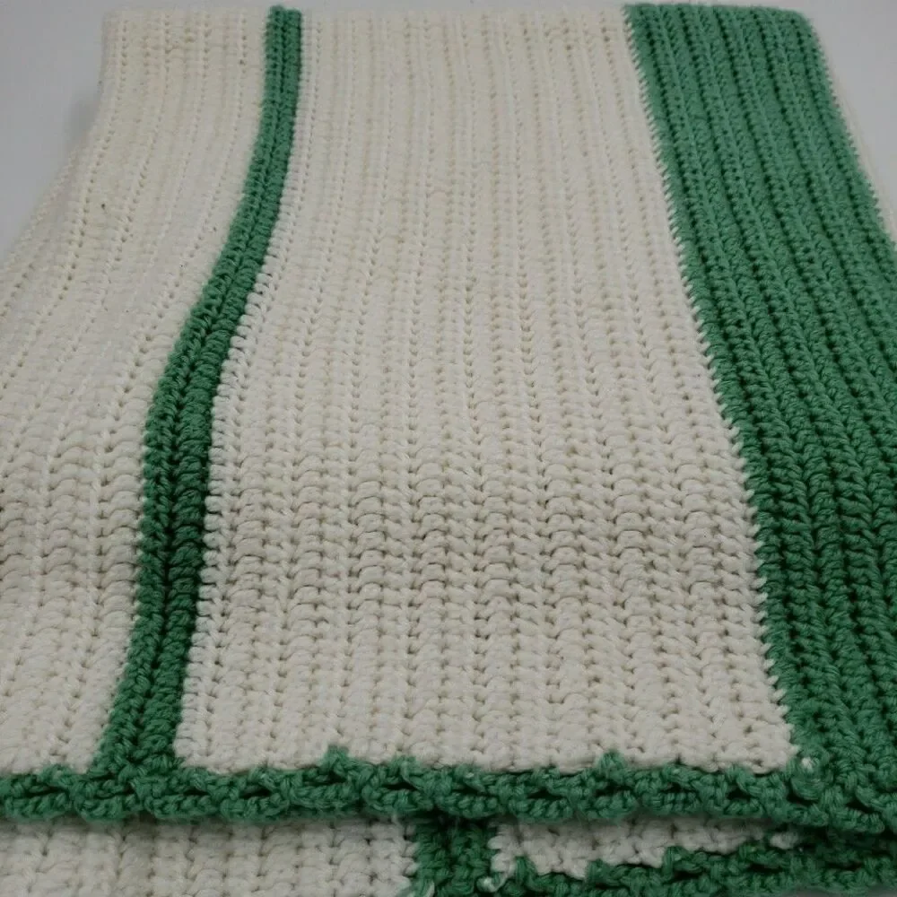 Handmade Crochet Blanket White Green Throw 65x35 Lapghan Knit Gift Cozy Baby